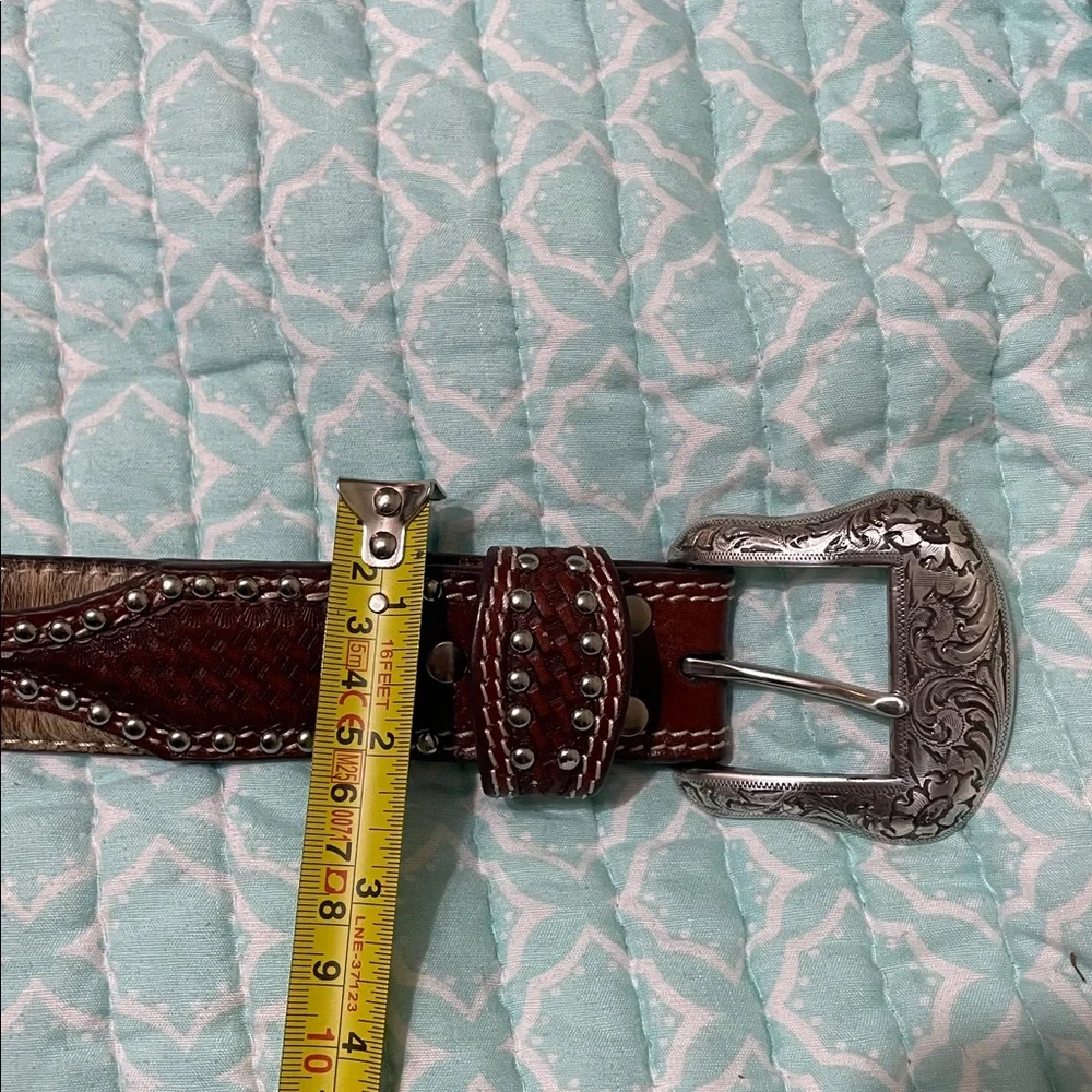 tooled leather engraved silver calf hair belt with silver studs and churros